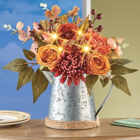 LED Lighted Autumn Mums Watering Can Centerpiece | Collections Etc. Watering Can Centerpiece, Watering Can Centerpieces, Autumn Mums, Autumn Decorating, Floral Centerpiece, Hanging Garland, Silk Plants, Collections Etc, Pillows Flowers