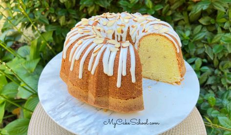 Almond Sour Cream Pound Cake Lemon Orange Pound Cake, Almond Coconut Cake, Almond Pound Cake, My Cake School, Chocolate Chip Pound Cake, Peach Pound Cakes, Almond Desserts, Coconut Pound Cakes, Almond Pound Cakes