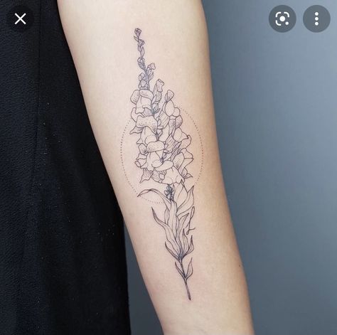 Tattoo Snapdragon, Snap Dragon Tattoo, Tattoo Wildflowers, Snapdragon Tattoo, Foxglove Tattoo, Gladiolus Flower Tattoos, Larkspur Tattoo, Gladiolus Tattoo, Inner Arm Tattoos