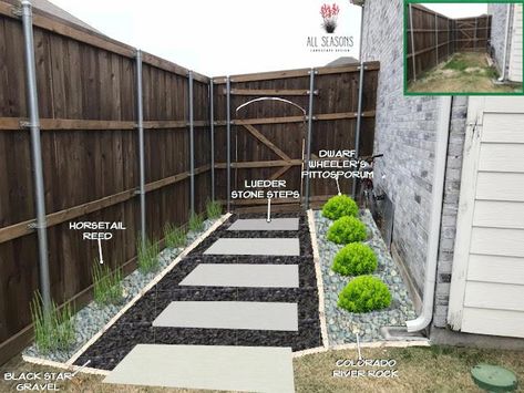 Black Star Gravel, Gravel Walkway, Backyard Walkway, Walkway Landscaping, Side Yard Landscaping, Walkway Design, Backyard Remodel, Diy Backyard Landscaping, Backyard Inspiration