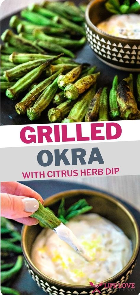 This grilled okra recipe can be cooked on skewers or in a grill pan and is ready in less than five minutes, start to finish! Grilled okra has a unique roasted flavor that pairs beautiful with a tangy, citrus herb dip. Enjoy some as an appetizer or easy dinner side. Grilled Okra, Herb Dip, Easy Dinner Sides, Roasted Okra, Grilled Burger Recipes, Okra Recipe, Grilled Vegetable Recipes, Vegetable Casserole Recipes, Dips Recipes