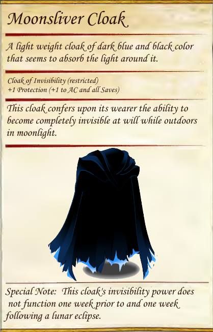 Moonsilver Cloak Cloak Of Invisibility Dnd, Hat Of Vermin Dnd, Dnd 5e Magic Cloak, Dnd Magic Items Homebrew Cloak, Dnd Low Level Magic Items, D&d Magical Items, Dnd Cloak Item, Dnd Magic Cloak, Cool Dnd Items