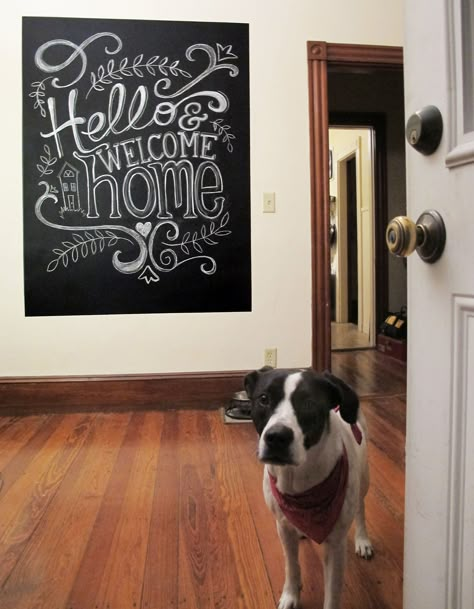 Hello & Welcome Home. Chalkboard art by Elissa Surabian, featuring the one and only Sadie! DIY Chalkboard wall. Welcome Home Chalk Art, Welcome Home Chalkboard Art, Kitchen Chalkboard Art, Home Chalkboard Ideas, Welcome Chalkboard Art, Welcome Home Chalkboard, Home Chalkboard Art, Chalkboard Paint Kitchen, Chalkboard Wall Kitchen