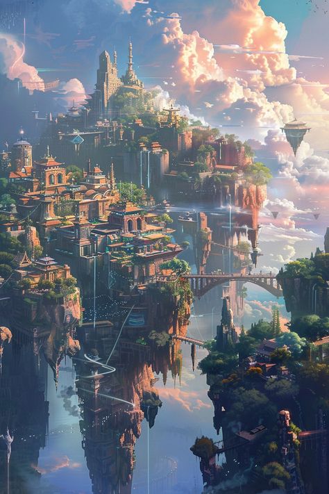 Floating city in the sky atop floating islands. A lot of nature and fantasy design.   #worldbuilding, #worldbuildinginspiration, #floatingislandcity, #fantasyfloatingcity, #fantasycity, #fantasycityidea, #worldbuildingcity, #worldbuildinglocation Air Fantasy World, Floating Cities Fantasy Art, Floating Fantasy Island, Fantasy Floating City Concept Art, Dnd Floating City, City In The Sky Fantasy Art, Fantasy Sky Island, Fantasy Flying City, Floating City Aesthetic