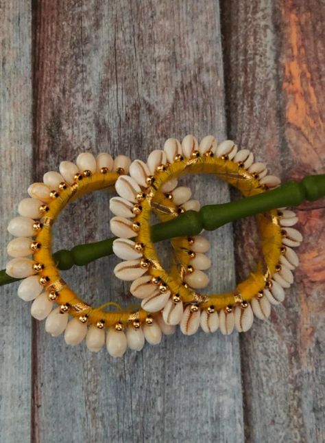 R.k fashions Navratri Accessories, Diy Bangles, Shell Bangles, Haldi Jewellery, Cloth Jewellery, Flower Jewellery For Mehndi, Fabric Bangles, Cowrie Shell Jewelry, Hand Embroidered Jewelry