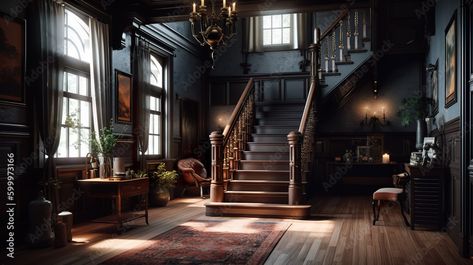 Step into the opulent Victorian-style mansion with its dark academia interior featuring intricate woodwork, grand chandeliers, and plush velvet furnishings. The focal point of the space is the majestic wooden staircase, leading to hidden libraries and study rooms filled with ancient books and mysterious artifacts. Shed House Interior Ideas, Academia Interior Design, Dark Academia Interior Design, Shed House Interior, Academia Interior, Wall Chair, Dark Academia Interior, Dark Academia Home, Mansion Interior Design