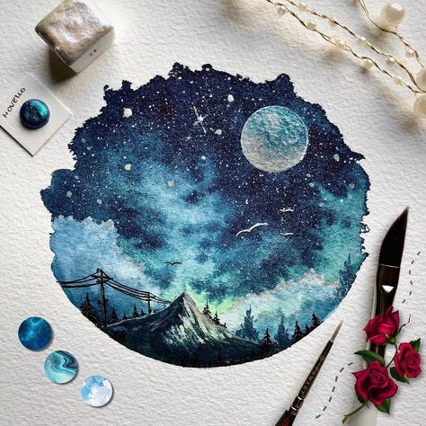 Watercolor Space Art, Celestial Watercolor, Watercolor Art Space, Watercolour Galaxy, Night Watercolor, Galaxy Watercolor Painting, Night Sky Watercolor, Fantasy Watercolor, Galaxy Watercolor