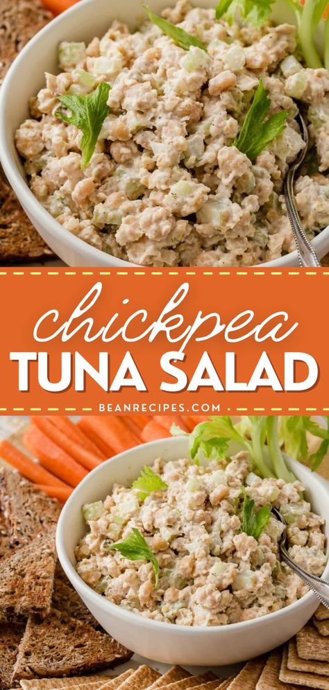 A simple healthy vegan lunch idea, side dish recipe, filling for sandwiches, or for dipping with crackers and vegetables! This is the best chickpea tuna salad recipe with absolutely no tuna! It is entirely made from chickpeas in the style of tuna salad. Save this simple bean recipe! Chickpea Tuna Salad Recipes, Tuna With Chickpeas, Chickpeas And Tuna, Chick Pea "tuna" Salad, Chick Pea Salad Sandwich Recipes, Tuna And Garbanzo Bean Salad, Garbanzo Tuna Salad, Tuna Chickpea Sandwich, Chickpea Salad With Tuna