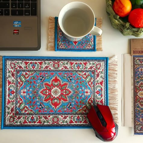 "A mouse pad, a coaster and a woven bookmark set" Turkish Rug Aesthetic, Dream House Aesthetic, Cool Office Supplies, Calligraphy Art Print, Architecture Design Sketch, Pinterest Room Decor, Computer Setup, Quick Cleaning, Mouse Mat