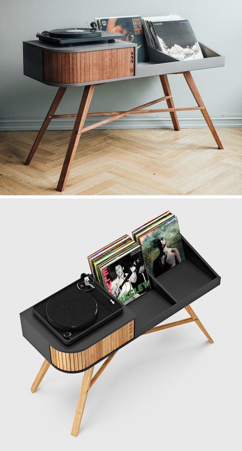 Furniture Designed To Provide A Space For A Turntable And Display Your Vinyl Record Collection Turntable Table Ideas, Furniture For Vinyl Records, Furniture For Turntable, Music Furniture Ideas, Vinyl Record Holder Ideas, Record Player Console Table, Record Player Display Ideas, Turn Table Setup, Music Furniture Design