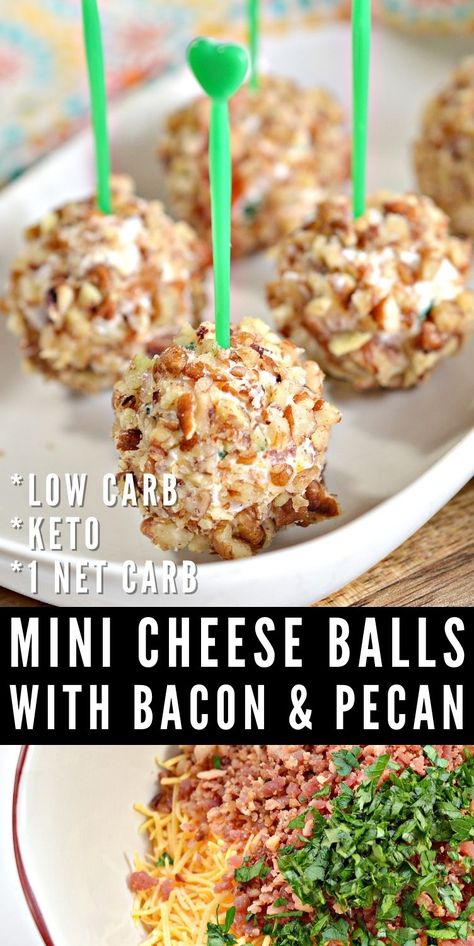 Mini Cheese Balls With Bacon & Pecan - These mini keto cheese balls make an easy no bake snack or appetizer! Perfect football party food too! #minicheeseballs #lowcarbappetizers #pecan #partyfood #cheese #healthsynacks #food #recipes Keto Recipes For Parties, Keto Football Party Food Appetizers, Keto Finger Food Desserts, Football Food Keto, Keto Party Snacks Appetizers, Keto Low Carb Appetizers, Keto Christmas Appetizers Finger Foods, Keto Appetizer Recipes Easy Finger Foods, Keto Superbowl Food