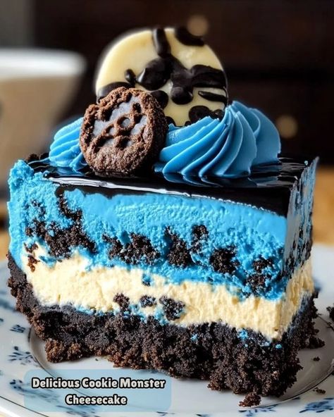 Savory Kitchen Fun - Daily Recipes | 🍪🍰 Delicious Cookie Monster Cheesecake Recipe 🍰🍪 | Facebook Cookie Monster Cheesecake Recipe, Chuck E. Cheese Cake, Animal Cookie Cheesecake, Cookie Monster Cheesecake, Monster Cheesecake, Cookie Cheesecake, Blue Cookies, Kitchen Fun, Recipes Delicious