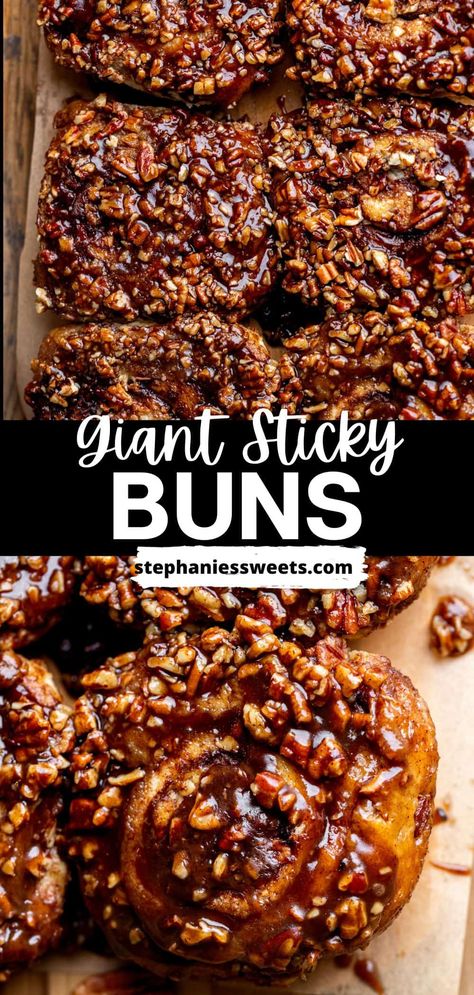 These are giant sticky buns. They make 6 giant cinnamon rolls topped with a maple pecan sticky topping. These are classic sticky buns made extra large so you can enjoy that soft center! Butterscotch Sticky Buns, Maple Pecan Sticky Buns, Sticky Pecan Cinnamon Rolls, Homemade Pecan Rolls, Maple Pecan Cinnamon Rolls, Pecan Cinnamon Rolls Recipe Sticky Buns, Pecan Pie Cinnamon Roll, Pecan Rolls Recipe Sticky Buns, Pecan Cinnamon Rolls Recipe