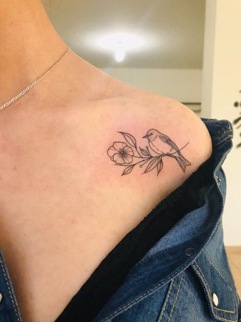 Coller Bone Bird Tattoo, Moon Flower Bird Tattoo, Cardinal Tattoo Flowers, Small Cardinal Tattoo With Flowers, Bird On Flower Tattoo, Cardinal Tattoo Linework, Cardinal On Flower Tattoo, Dainty Robin Tattoo, Cute Robin Tattoo