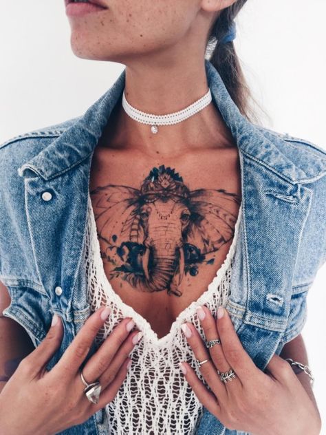 Elephant Elephant Chest Tattoo, Chest Tattoo Girl, Elephant Tattoo Design, Queen Tattoo, Tattoos For Women Half Sleeve, Cool Chest Tattoos, Chest Tattoos For Women, Chest Piece Tattoos, Original Tattoos