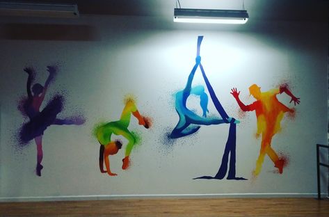 Colorful dance mural, silhouettes, mural, dance studio art Dance Studio Mural Ideas, Dance Murals Wall Art, Dance Studio Design Interiors, Diy Wall Painting Ideas Creative, Dance Graffiti, Studio Mural, Dancing Studio, Wall Painting Ideas Creative, Dance Studio Design