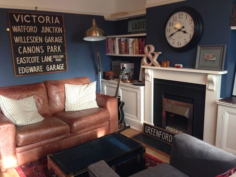 My (not quite finished) living room- painted in Farrow & Ball's new colour Stiffkey Blue Kitchen Dark Blue, Living Room Cosy, Dark Brown Couch Living Room, Brown And Blue Living Room, Living Room Paint Color Ideas, Brown Sofa Living Room, Living Room Paint Color, Kitchen Dark, Brown Living Room Decor