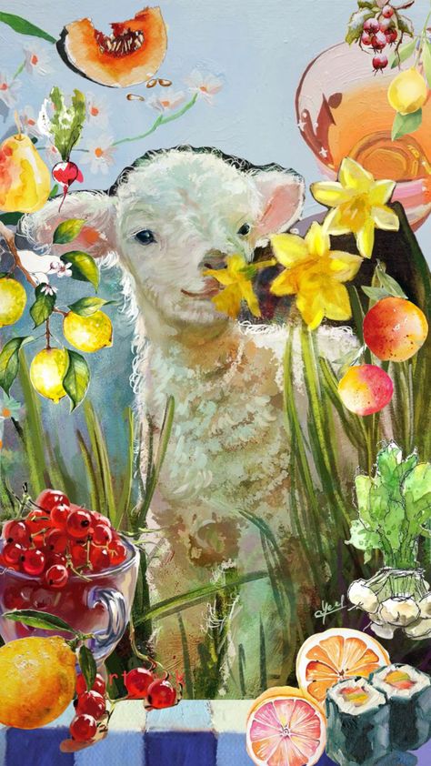 Smiling Lamb, Farm Animal Paintings, Animal Paintings Acrylic, Easter Paintings, Sheep Paintings, Sheep Art, Baby Goat, Farm Art, Easter Art