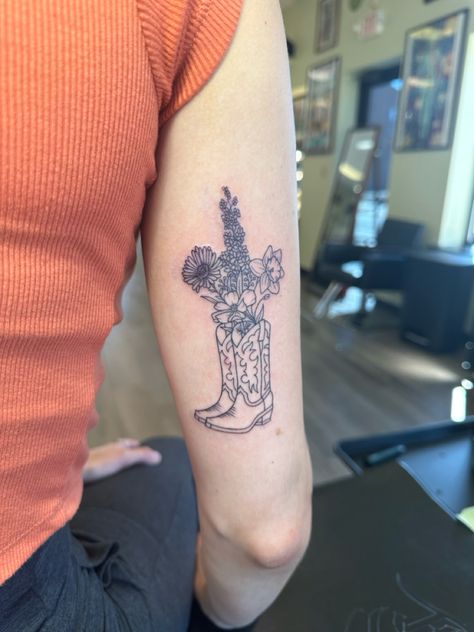 Cactus Spine Tattoo, Montana State Flower Tattoo, Cowgirl Boot Tattoo Small With Flowers, Floral Cowboy Boot Tattoo, Women Western Sleeve Tattoo, Wyatt Flores Tattoo, Cactus With Cowboy Hat Tattoo, Cowboy Boot Flowers Tattoo, Texas Blue Bonnet Tattoo