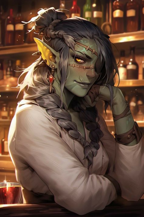 Dnd Bar Maiden, Herbalist Fantasy Art, Orcs Character Design, Fantasy Npc Art, Npc Ideas Dnd, Dnd Dragon Art, Dnd Half Dragon, Half Orc Character Design, Dnd Fighter Female