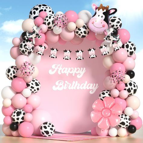 PRICES MAY VARY. 【PREMIUM QUALITY】: Cow print balloons(pink and white balloon arch) - Our cow balloons are made of natural latex, which is non-toxic, durable, long-lasting, and can be filled with air or helium. They are easy to assemble and can be used both indoors and outdoors. 【DIFFERENT SIZES & COLORS】: Our cow balloon arch kit has balloons of different colors and sizes. You can DIY any balloon arch you like. Giving your kids a fun and memorable cow birthday party with this cute cow party dec Easy First Birthday Decorations, Cow Party Decorations Diy, Cow Balloon Garland, Cow Birthday Decorations, Birthday Decorations White, Cow Print Balloons, Cow Balloons, Cow Birthday Party, Cow Birthday Parties