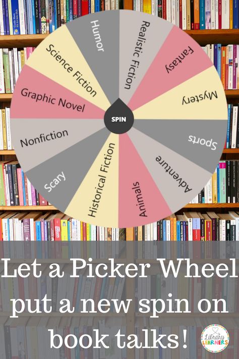 reading genre spinning picker wheel Library Bus, School Library Activities, Readers Advisory, Library Lessons Elementary, Elementary Librarian, Easy Chapter Books, School Library Decor, Library Lesson Plans, Library Games