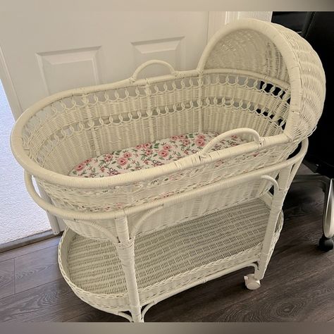 Vintage Wicker Bassinet Vintage Bassinet, Wicker Bassinet, White Rattan, Vintage Family, Girl Cribs, White Wicker, Vintage Wicker, Mattress Pad, Family Heirloom