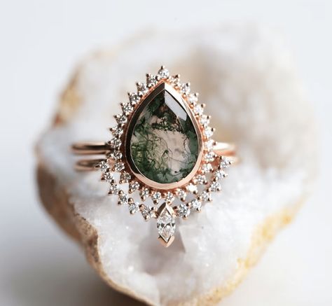 Moss Agate Wedding Ring, Marquise Band, Agate Wedding Ring, Halo Band, Agate Wedding, Bridal Halo, Green Gemstone Ring, Moss Agate Engagement Ring, Cute Engagement Rings