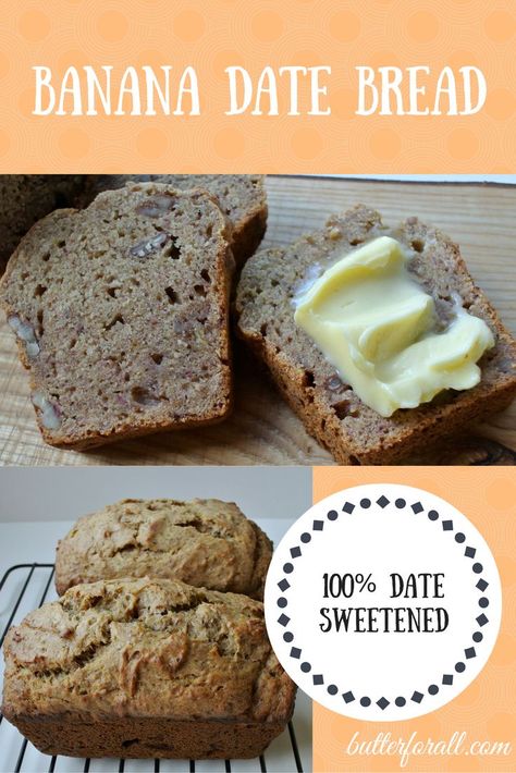 This date sweetened Banana Bread has zero refined sugar. It's completely guilt free! Click to visit the ButterForAll blog and get this recipe. Banana Date Bread, Date Bread, Baked Items, Fresh Dates, Date Recipes, Healthy Banana Bread, Sweet Cravings, Treat Ideas, Banana Healthy