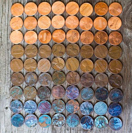 Patina Diy, Penny Backsplash, Penny Tile Floors, Black Stainless Steel Appliances, Penny Floor, Patina Paint, Patina Metal, Penny Tile, Aged Copper