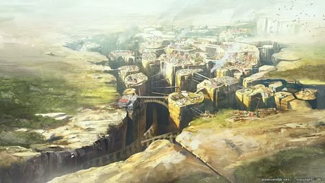 Canyon City Fantasy Town, Stone Pillars, Concept Art World, Location Inspiration, Landscape Concept, Fantasy City, Fantasy Castle, Van Dijk, Fantasy Setting