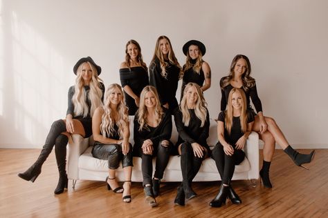 Salon Holiday Photoshoot, Makeup Team Photoshoot, Salon Branding Photoshoot Outfit, Beauty Salon Headshots, Neutral Team Photoshoot, Neutral Salon Photoshoot, Team Studio Photoshoot, Lash Studio Photoshoot, All Black Salon Photoshoot