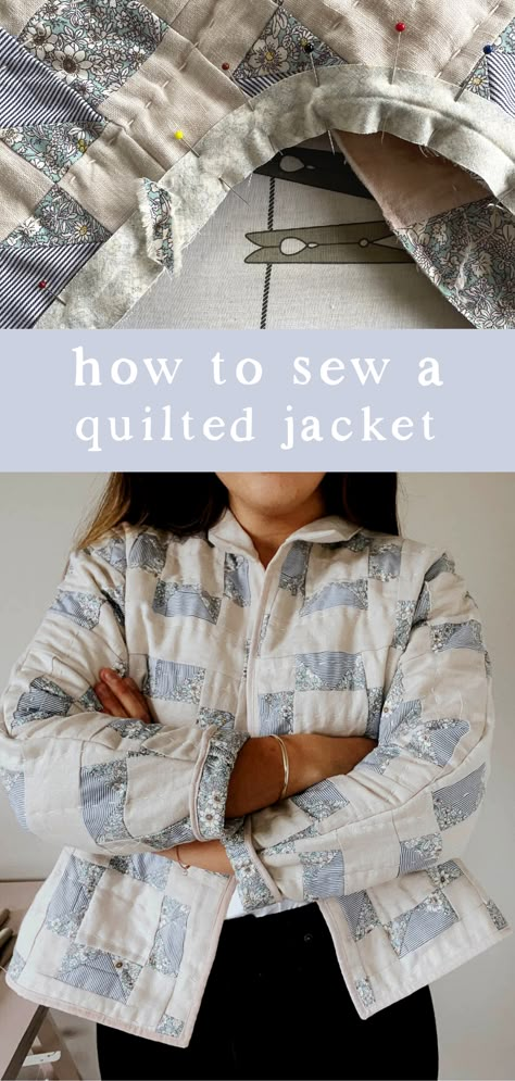 Find inspiration from my recent quilt jacket sewing tutorial. I share tips and tricks on how to sew your own quilt jacket! Quilted Jacket Outfit Pattern, Quilted Jacket Sewing Pattern, Quilted Sweatshirt Jacket Tutorial, Quilted Jacket Pattern Diy, Quilted Tamarack Jacket Pattern, Diy Sewing Tutorials, Diy Jacket, Quilt Jacket, Handmade Wardrobe