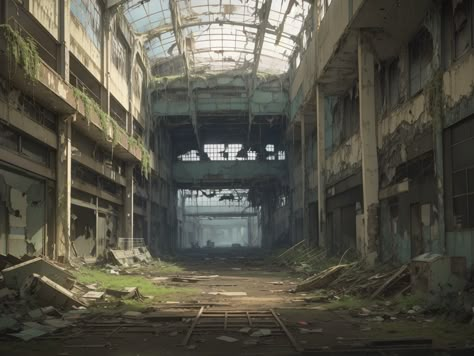 Anime Style Art of a hauntingly Abandoned Mall of forgotten stores, decaying walls, and with some liminal/dreamlike atmosphere. Abandoned Mall, Anime Style Art, Abandoned Malls, Apocalypse Aesthetic, Futuristic Motorcycle, Building Concept, Post Apocalypse, Environmental Design, Environment Design