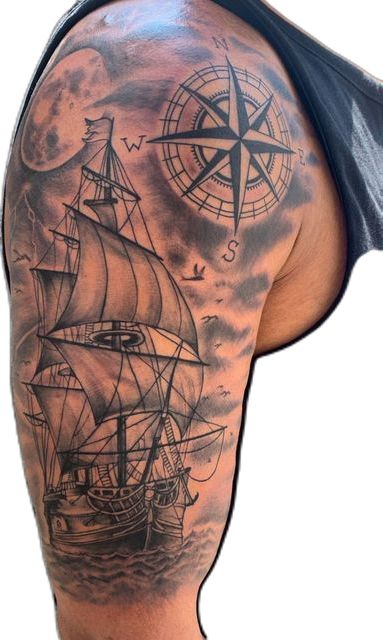 Realism Chest Tattoo Men, Navy Ship Tattoos For Men, Men’s Nautical Sleeve Tattoo, Hms Victory Tattoo, Pirate Ship Chest Tattoo, Pirate Boat Tattoo, Men’s Ship Tattoo, Pirate Tattoo Sketch, Rich Tattoo