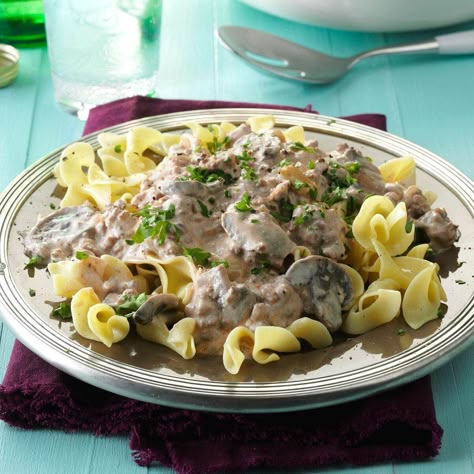 My mother gave me this recipe 40 years ago. It's a wonderfully tasty dish to share around the dinner table. —Sue Mims, Macclenny, Florida Beef Stroganoff Taste Of Home, Ground Beef Stroganoff Recipe, Ground Beef Crockpot Recipes, Sunday Meals, Best Ground Beef Recipes, Slow Cooker Ground Beef, Beef Stroganoff Recipe, Ground Beef Stroganoff, Mushroom Stroganoff