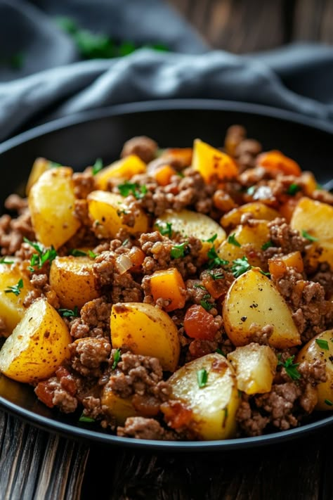 Roasted potatoes mixed with ground meat and vegetables, garnished with fresh herbs. Skillet Meals Ground Beef Potatoes, Recipes Using Potatoes And Ground Beef, Dinners With Red Potatoes, Beef Potatoes Recipes, Mash Potatoes And Ground Beef, Meat And Potatoes Meals, Healthy Minced Meat Recipes, Meat Dishes Recipes, Hamburger And Potato Recipes Skillet