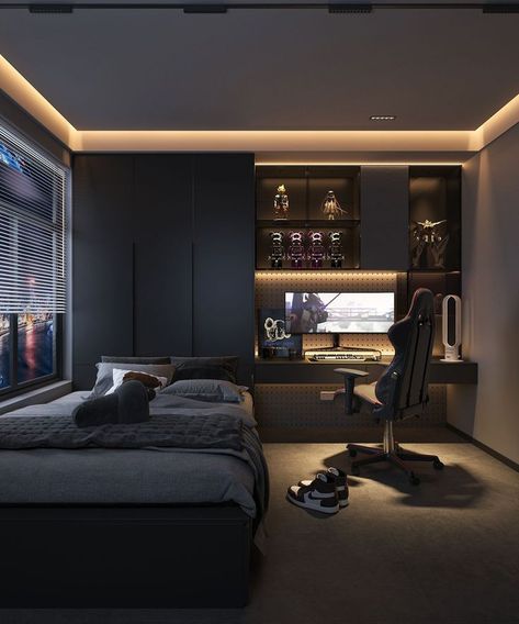 Small Room Setup, Desain Ux, Teenager Bedroom Design, Mens Bedroom Decor, Black Bedroom Design, Bedroom Redesign, Boys Bedroom Makeover, Small Room Design Bedroom, Home Studio Setup