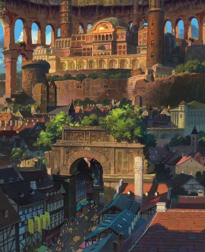 Arcanville | Lorald Wiki | FANDOM powered by Wikia Tales From Earthsea, Studio Ghibli Art, Fantasy City, Fantasy Places, Ghibli Movies, Ghibli Art, Animation Background, Arte Fantasy, Hayao Miyazaki