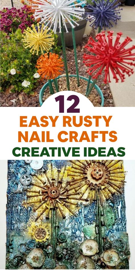 Discover the allure of rustic DIY crafts with these innovative projects featuring rusty nails. Add a hint of industrial elegance to your home decor by repurposing aged metal into functional items and decorative accents. Unleash your inner artist, infusing character and sophistication into everyday materials. Embrace a blend of vintage charm and modern design sensibilities as you transform ordinary nails into extraordinary works of art with unique style. Repurpose Old Tools, Junk Jewelry Crafts Diy Projects, Diy Repurposed Items, Mini Rock Garden, Repurposed Materials Art, Fall Landscaping, Allium Flowers, Rusty Nails, Unique Flower Vases