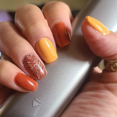 Wedding Nails For Bride Color, Revel Halloween Nails, Fall Gel Dip Nails, Gelish Nails Colors Fall, Fall Skittle Manicure, Orange And Yellow Fall Nails, Bright Fall Nails 2023, Candy Corn Nails Short, Revel Fall Nails