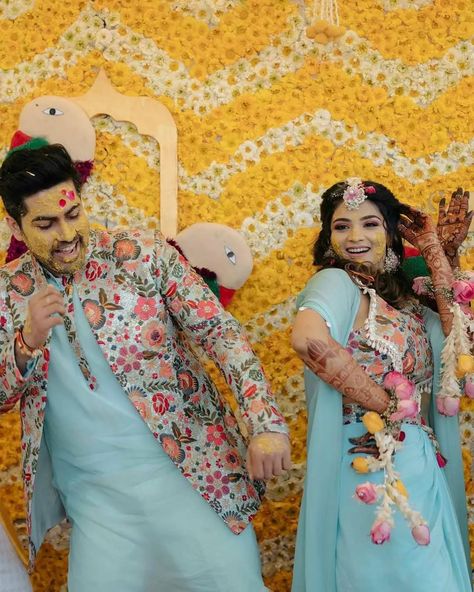 Amidst the swirling turmeric, promises of a lifetime unite us in golden hues 💛 Every moment of this vibrant Haldi ceremony speaks of love and tradition, echoing the joyous beginning of forever. . Couples @styleawhileofficial @tiklup7 Moments captured by @fotobar.foto Outfits - Designed & Customised by the groom himself;) MUA - @revekamakeovers Decor & Design by @eventerio_ Location - @noormahalkarnal_ #HaldiCeremony #IndianWedding #BrideAndGroom #WeddingPhotography #WeddingMoments #BespokeO... Haldi Ceremony Outfit For Groom, Outfit For Groom, Mehendi Outfits For Bride, Ceremony Outfit, Haldi Ceremony Outfit, Mehendi Outfit, Haldi Outfits, Haldi Outfit, Haldi Ceremony