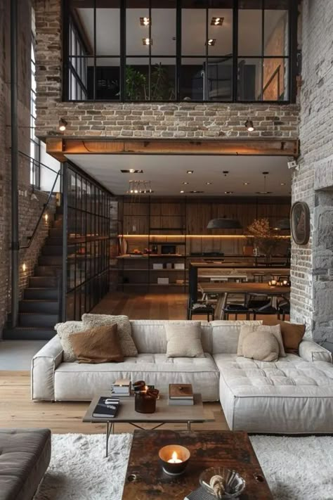 Ny Loft Apartment Industrial, Ny Loft Apartment, Loft Apartment Decorating Ideas, Modern Loft House Design, Loft Style Living Room, Modern Loft House, Loft Aesthetic, Loft Style Living, Ny Apartment