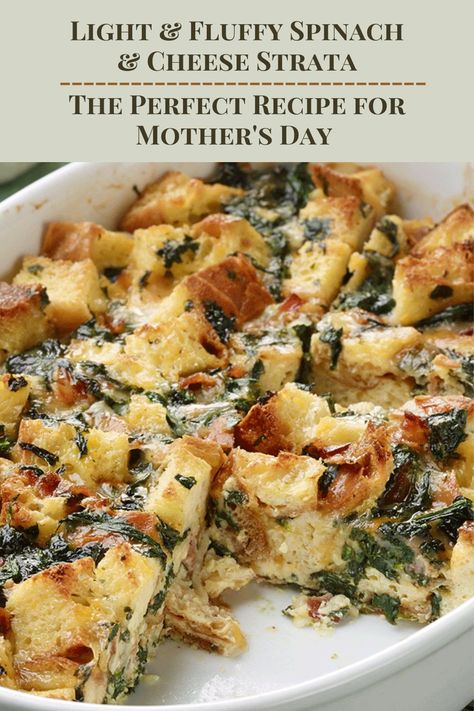 Spinach Strata Recipe, Spinach And Cheese Strata, Mother’s Day Brunch Casserole, Spinach And Mushroom Strata, Spinach Gruyere Strata, Mushroom Strata, Cheese Strata Recipe, Leftover Bread Recipes, Spinach Strata