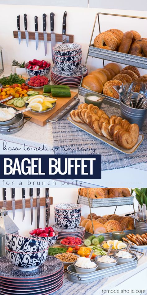 How to set up a fun, cute, and easy bagel buffet for a breakfast or brunch party. Perfect for Mother's Day, bridal showers, baby showers, or just a fun get-together with girlfriends. And the best part is that all of those pretty serving dishes are from the @bhglivebetter line at @walmart! I love the modern take on classic blue and white patterned dishes, and the galvanized farmhouse trays are so affordable! #ad Breakfast Buffet Display Ideas, Breakfast Arrangement Ideas, Brunch Party Ideas Buffet Tables, Simple Breakfast Buffet Ideas, Omlet Station Bar Ideas, Wedding Morning Food For Bridal Party, Bagel Bar Brunch Display, Brunch Food Bridal Shower Ideas, Wedding Day Snacks For Bridal Party Brunch Ideas