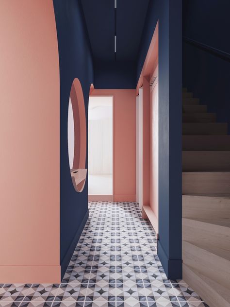 Interiors That Use Colour Blocking To Segment Space Colour Blocking Interior, Latest Interior Design, Design Blogs, Black And White Tiles, Wallpaper Vintage, Design Del Prodotto, White Tiles, Apartment Design, Interior Design Projects