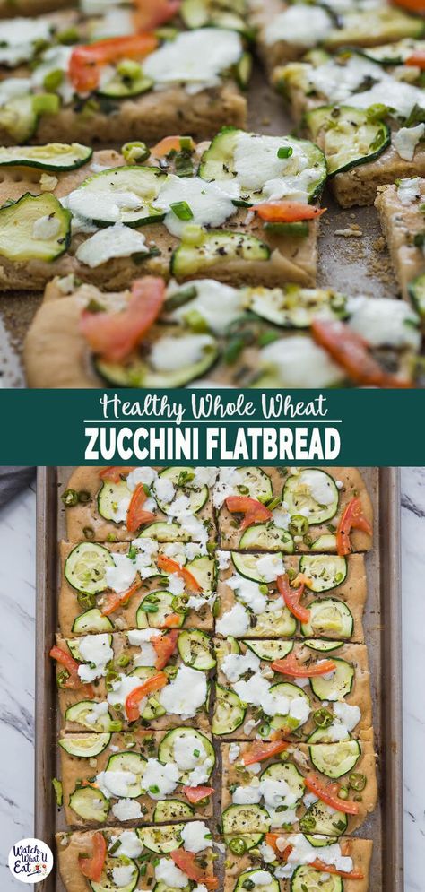 Healthy Zucchini Flatbread - this super simple flatbread pizza loaded with zucchinis, fresh herbs, garlic, whole wheat flour, and fresh mozzarella will tempt you to make it again and again. A perfect easy recipe to use fresh summer squash straight from the garden. | #watchwhatueat #zucchiniflatbread #zucchinirecipe #wholewheatflatbread Zucchini Flatbread, Healthy Flatbread Pizza, Healthy Flatbread, Yogurt Dill Sauce, Grains Recipes, Flatbread Pizza Recipes, Deep Dish Pizza Recipe, Veggie Pasta Salad, Meatless Dishes