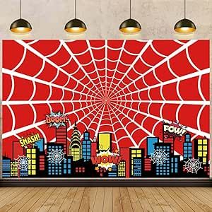 Red Spider Web Backdrop 8x6FT Cartoon City Super Heros Cityscape Photography Background Boys Birthday Party Cake Table Decorations Photo Props (Backdrop with Eyes) Spider Man Backdrop Ideas, Spooky Anime, Red Spider Web, Birthday Party Cake Table, Superhero Backdrop, Cartoon City, Party Cake Table, City Super, Boys Birthday Party