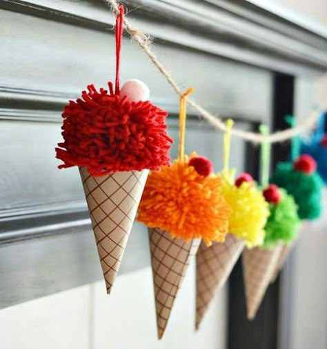 . Preschool Learning Decor, Ice Cream Party Decorations Diy, Gelato Cart, Diy Pom Poms, Ice Cream Birthday Party, Diy Ice Cream, Paper Cones, Yarn Pom Pom, Pom Pom Crafts