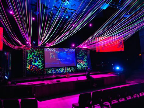 Black Light Stage Design, Youth Worship Night, Stage Lighting Ideas, Youth Worship, School Dance Themes, Church Backdrop, Kids Church Rooms, Youth Church, Grad 2023